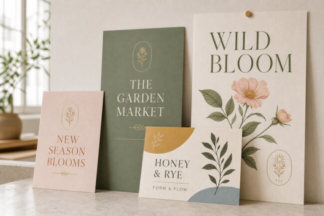 Three boutique art and event posters in different sizes against a pale wall, illustrating poster printing sizes and paper stocks.