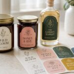 A flatlay of custom product labels on artisan jars and bottles with spare label sheets, illustrating small-business product label printing.