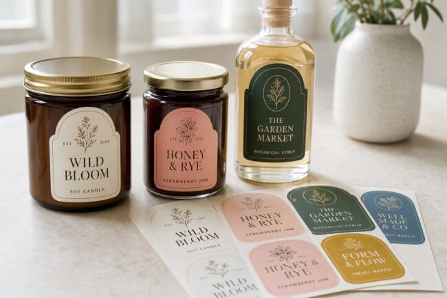 A flatlay of custom product labels on artisan jars and bottles with spare label sheets, illustrating small-business product label printing.