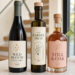 Close-up of three different bottles each wearing a distinct boutique label, showing wine and bottle label printing materials and finishes.