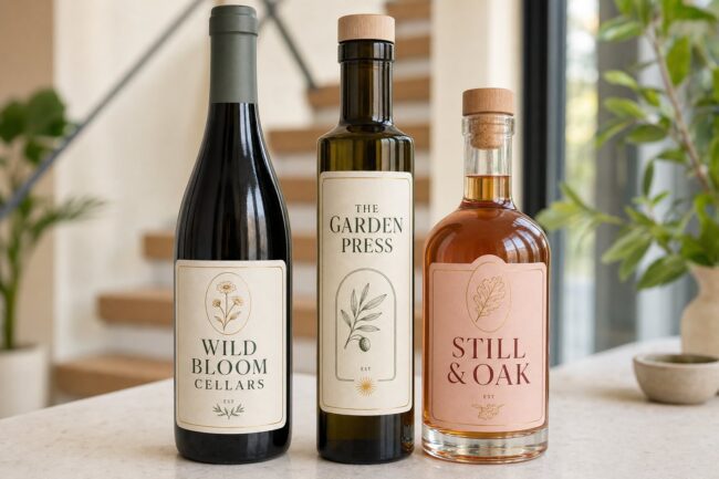 Close-up of three different bottles each wearing a distinct boutique label, showing wine and bottle label printing materials and finishes.