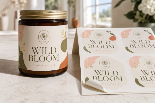 A jar with an applied label beside a sheet of die-cut stickers in the same brand, comparing labels versus stickers.