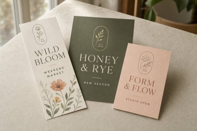 Three boutique flyers in DL, A5 and A6 sizes fanned out, comparing Australian flyer printing sizes.