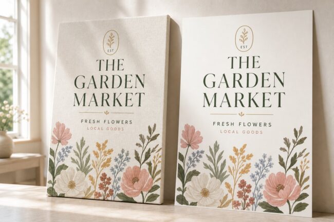 The same boutique poster on textured canvas beside smooth paper, comparing canvas versus paper poster printing.