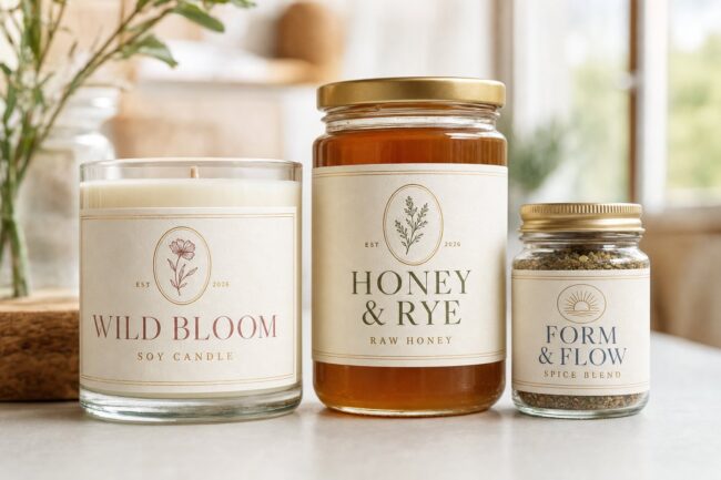 Candle and food jars wearing heat and oil-resistant boutique labels, illustrating jar, candle and food label printing.