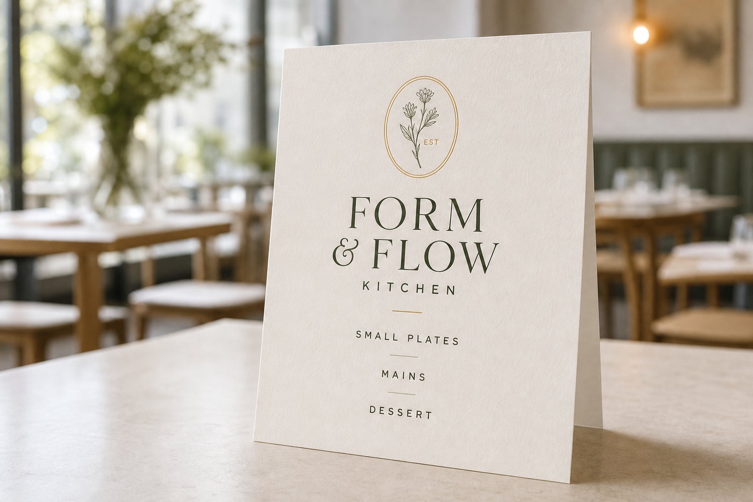 A boutique restaurant menu propped on a table, illustrating restaurant menu printing paper and lamination options.