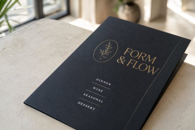 Close-up of a dark menu with gold foil and white-ink printing catching the light, showing premium foil and white-ink menu finishes.