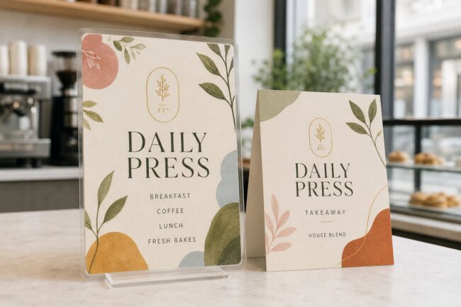 A laminated cafe card and folded takeaway menu on a counter, illustrating cafe and takeaway menu printing formats built for durability.