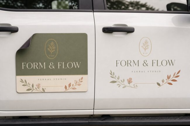 A lifting magnetic sign beside a flush vinyl decal on a vehicle door, comparing magnetic vehicle signs versus vinyl decals.