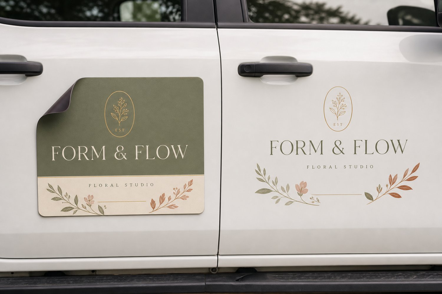 A lifting magnetic sign beside a flush vinyl decal on a vehicle door, comparing magnetic vehicle signs versus vinyl decals.