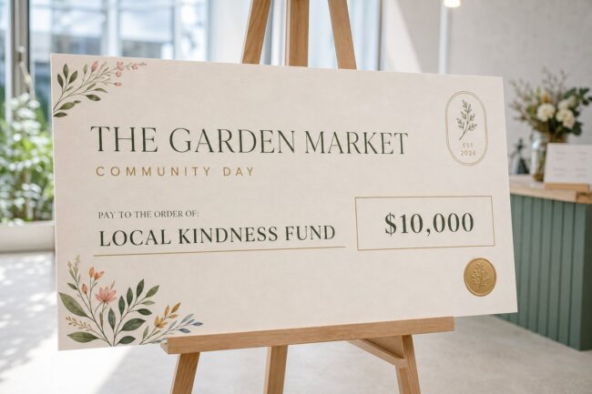 A giant novelty presentation cheque on an easel in a boutique design, illustrating giant novelty cheque printing sizes and templates.