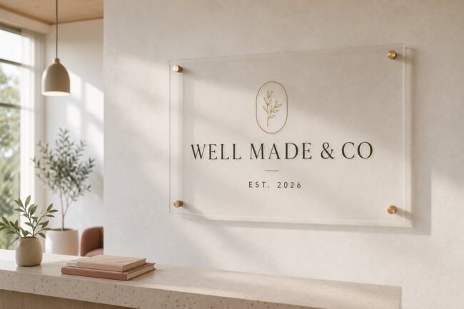 A raised acrylic reception sign on standoffs on a clean office wall, illustrating acrylic reception and office sign branding.
