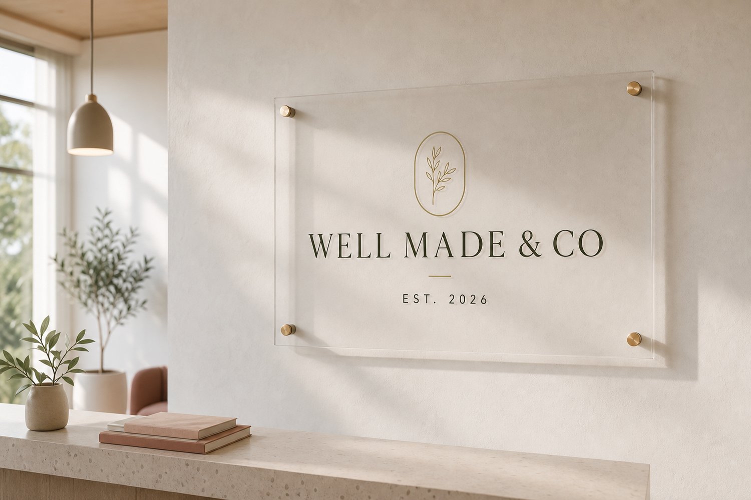 A raised acrylic reception sign on standoffs on a clean office wall, illustrating acrylic reception and office sign branding.