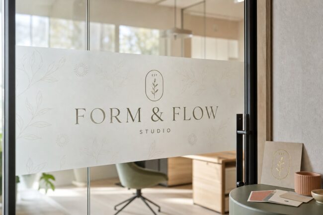 A glass office partition with frosted privacy film carrying a boutique wordmark, comparing one-way window film and frosted decals for office privacy.