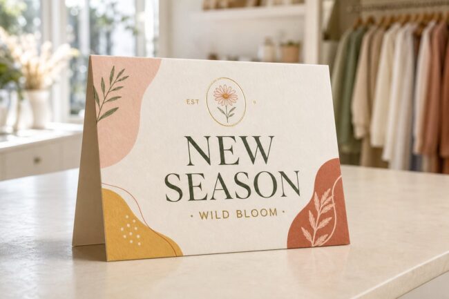 A boutique easel-back counter card on a retail counter, illustrating counter cards and point-of-sale display printing for retail.