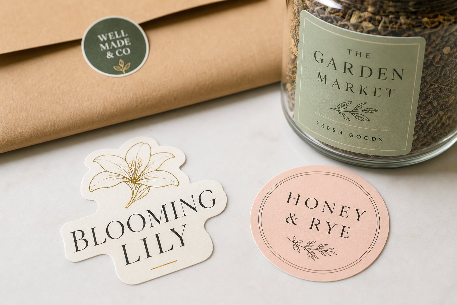 A flatlay of custom branded business stickers and labels , a die-cut logo sticker, a seal and a product label , on packaging.