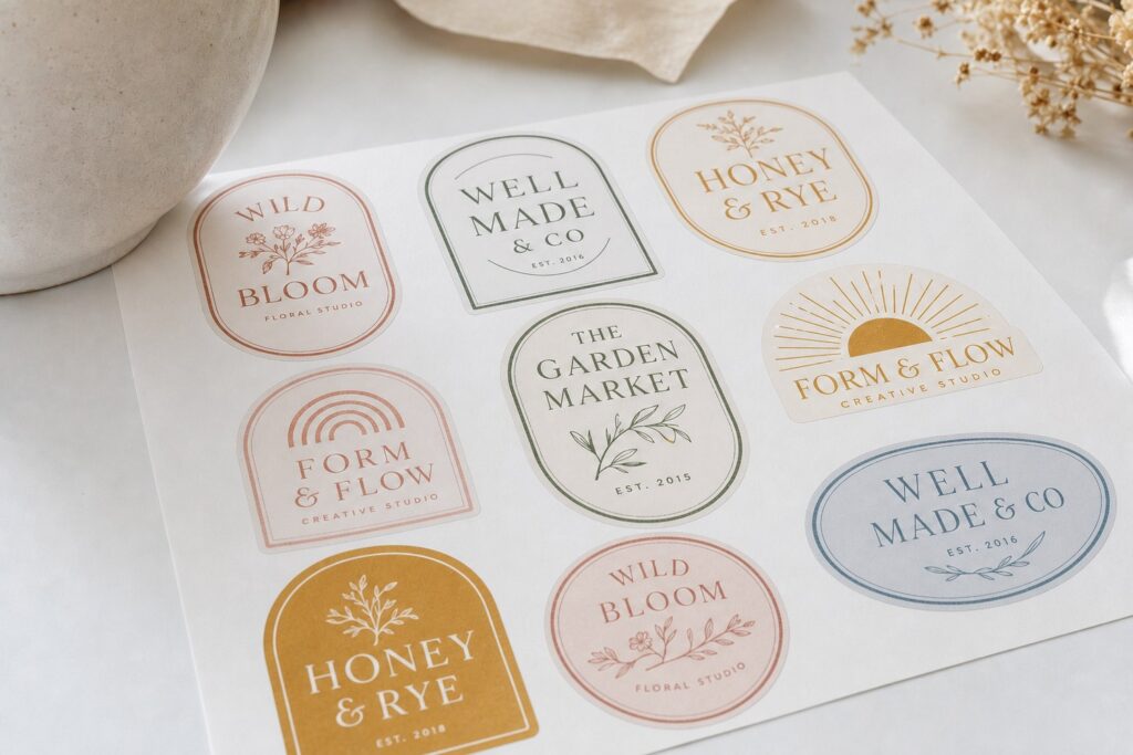 A sheet of die-cut vintage and retro style boutique stickers in a warm 70s palette with one peeled off the backing, illustrating the vintage and retro sticker trend.