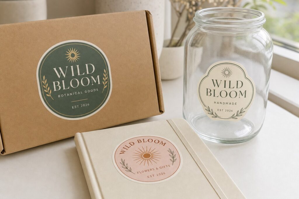 Boutique retro stickers applied to a kraft mailer, notebook and jar showing a cohesive vintage brand, illustrating how vintage stickers build brand nostalgia.