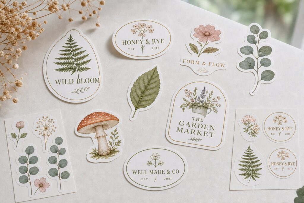 A flatlay of nature-inspired botanical stickers, pressed flowers, ferns, eucalyptus and leaves, illustrating the nature-inspired and botanical pattern sticker trend.