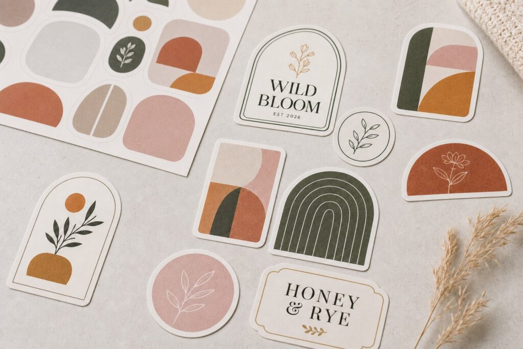 A flatlay of bold geometric and abstract-art stickers in a warm muted palette, illustrating the geometric shapes and abstract art sticker trend.