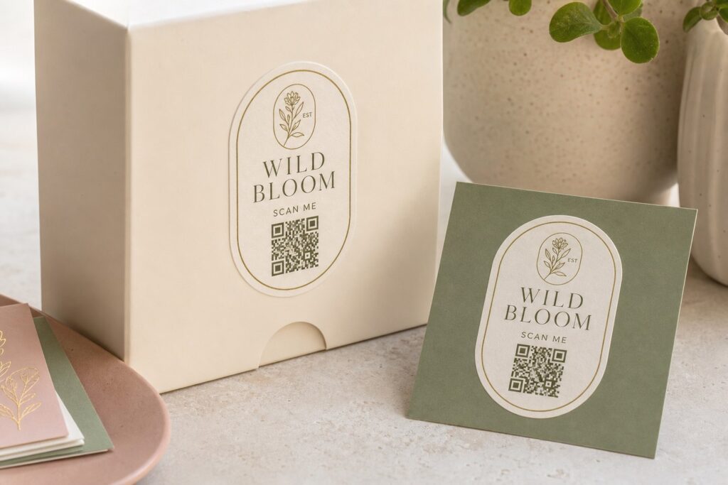 Boutique interactive stickers with a tasteful scan-me QR design on packaging, illustrating the tech-infused and interactive sticker trend.