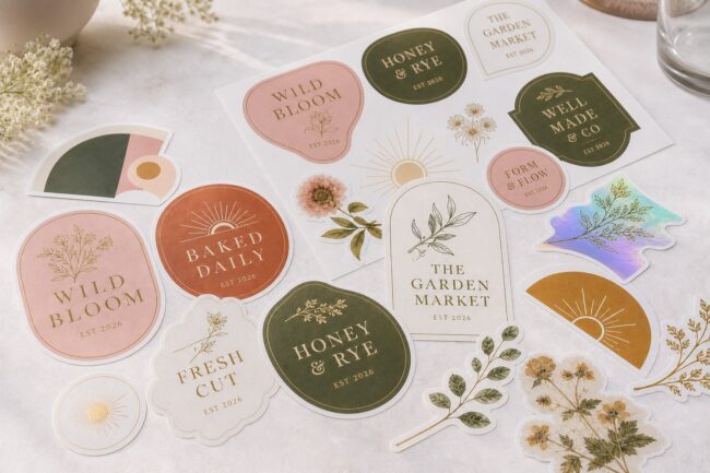 An editorial flatlay spread of varied boutique die-cut stickers, holographic, botanical, geometric, retro and typographic, illustrating 2026 sticker trends.