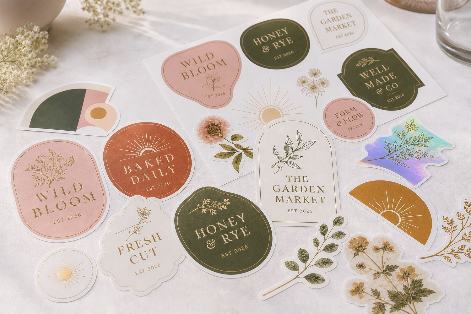 An editorial flatlay spread of varied boutique die-cut stickers, holographic, botanical, geometric, retro and typographic, illustrating 2026 sticker trends.