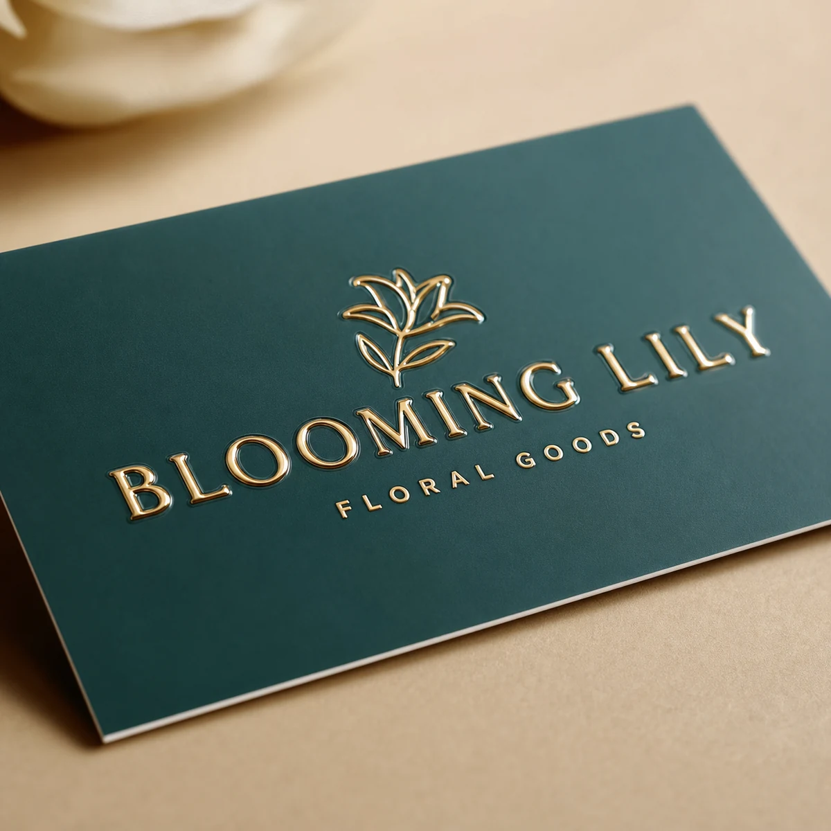 Business card, teal · 350gsm smooth stock · full-colour digital print · Scodix raised gloss, clear polymer relief