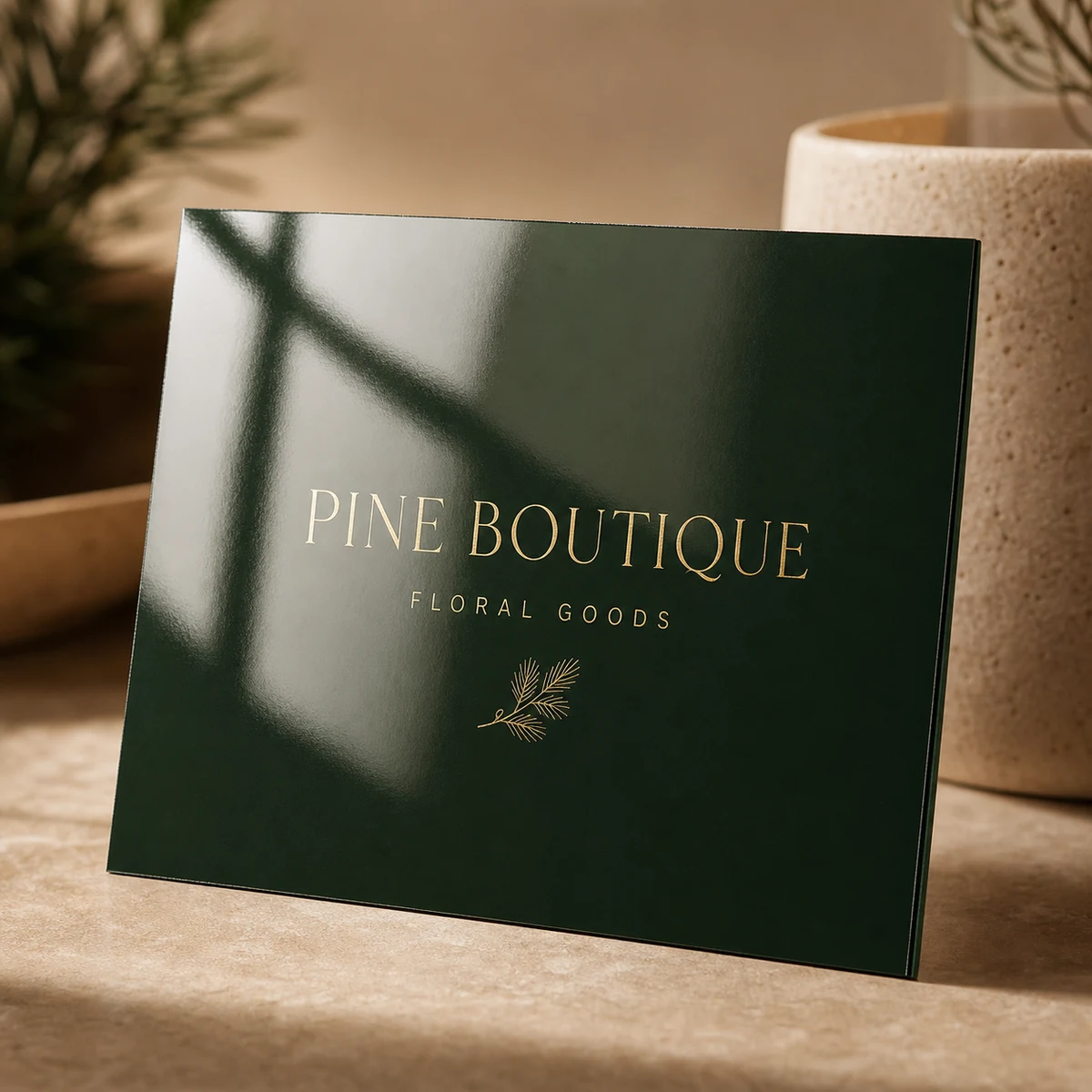 Business card, forest green · 350gsm gloss-coated stock · full-colour digital print · high-gloss laminate