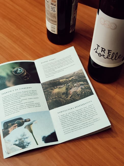 Printed marketing brochure displayed open on a wooden table