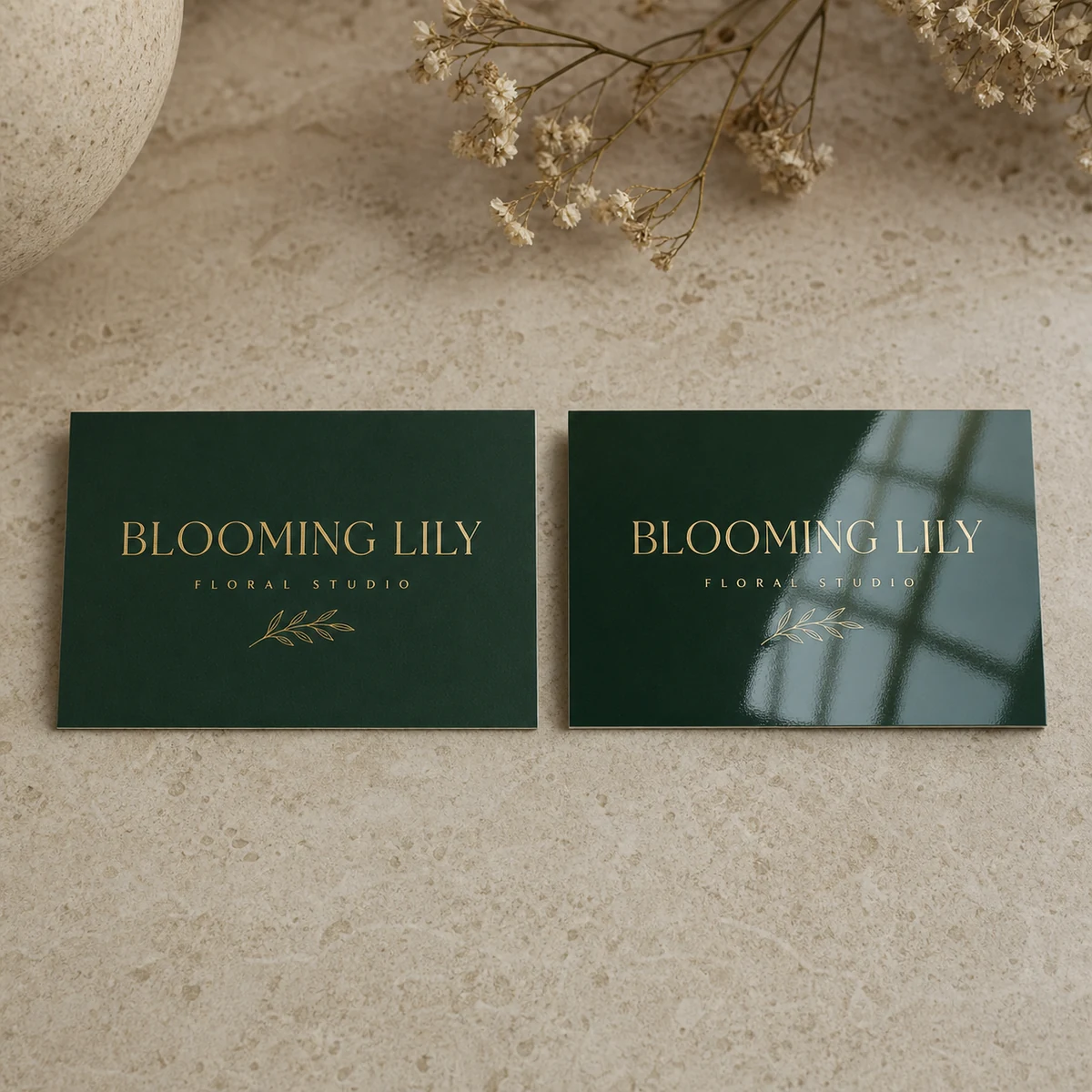 Left: matte laminate · Right: gloss laminate · two identical forest-green business cards · 350gsm coated stock · full-colour digital print