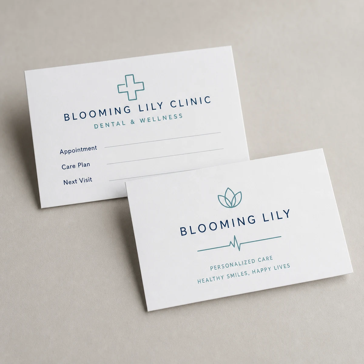 Medical clinic business card, white · 350gsm premium matte stock · full-colour digital print · matte finish