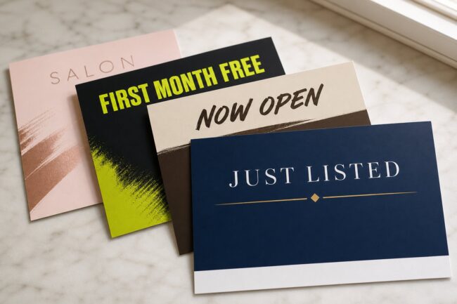Premium fan of four different professionally printed rectangular marketing postcards on a light surface, illustrating the range of Australian postcard printing.