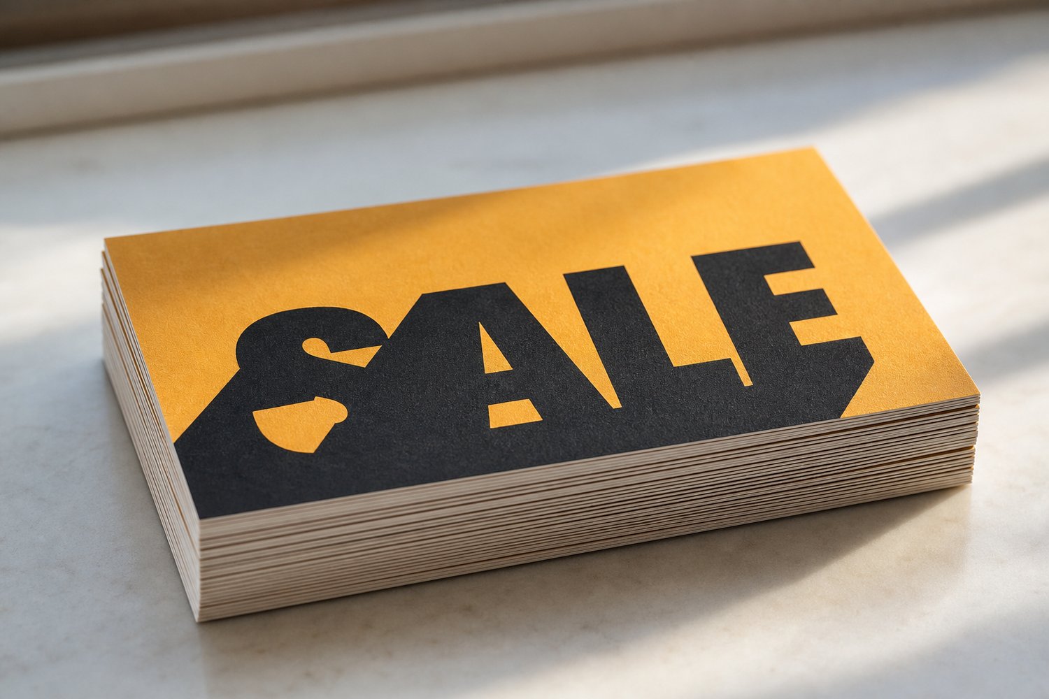 Close-up of a stack of thick 360gsm matte postcards viewed near edge-on, emphasising premium paper stock and finish options.