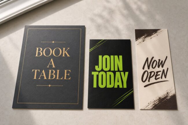 Flat-lay of three rectangular marketing postcards in different sizes side by side, comparing A6, A5 and DL postcard formats for a campaign.