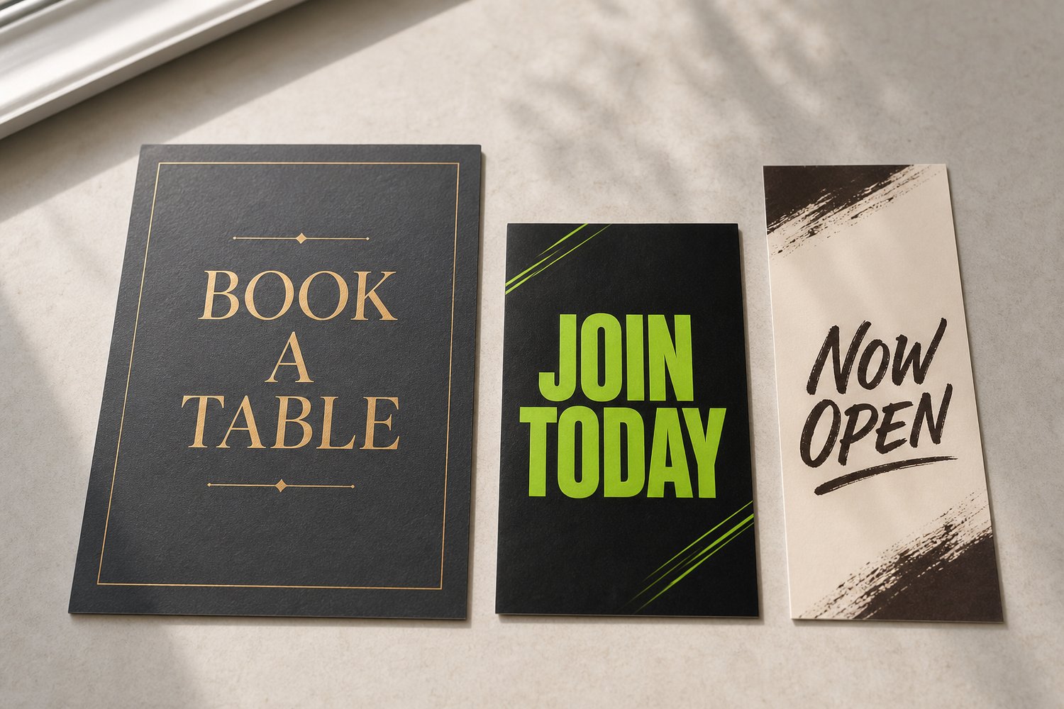 Flat-lay of three rectangular marketing postcards in different sizes side by side, comparing A6, A5 and DL postcard formats for a campaign.