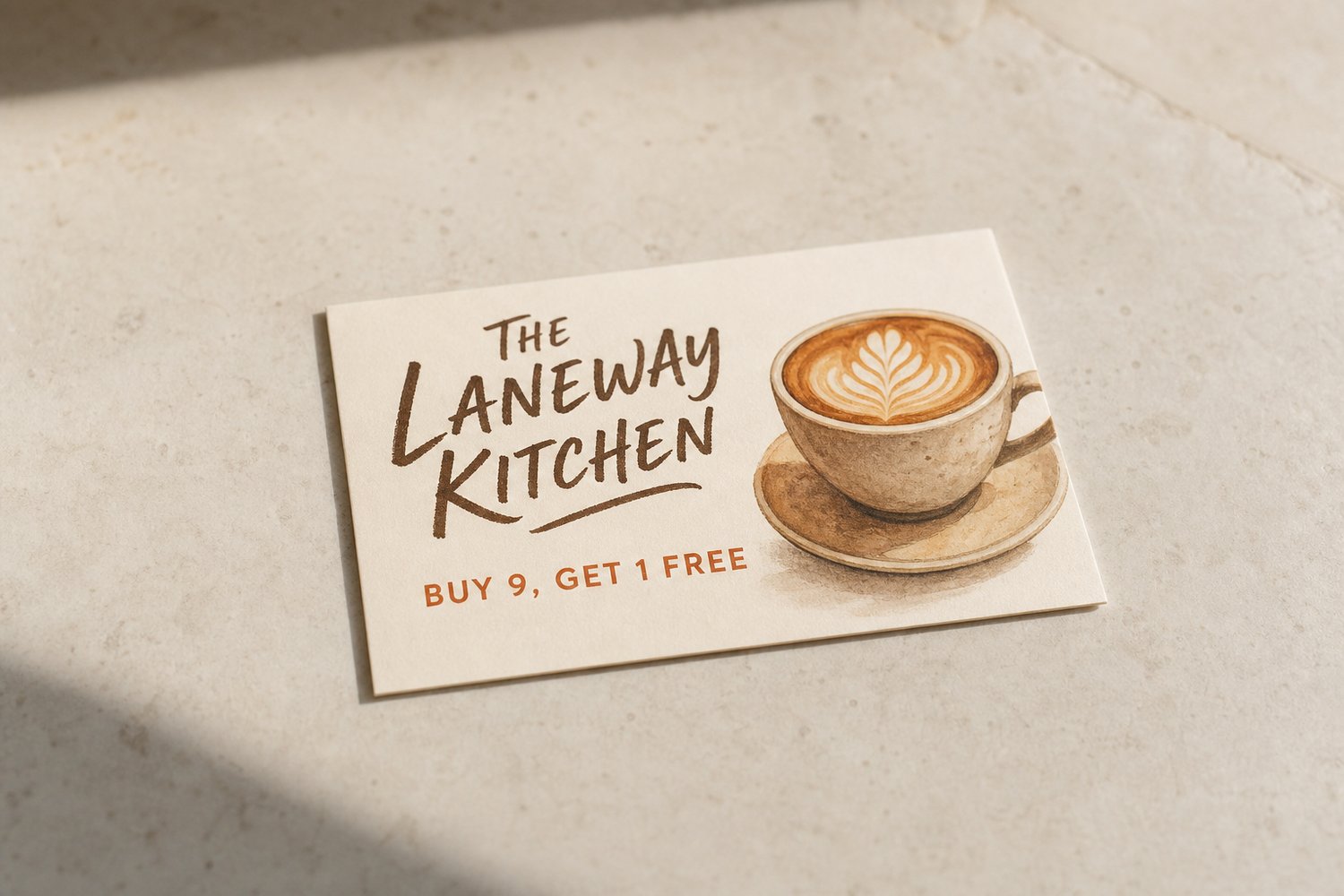 Single compact A6 marketing postcard with a bold colour-blocked design on a neutral surface, showing the small handy A6 format.