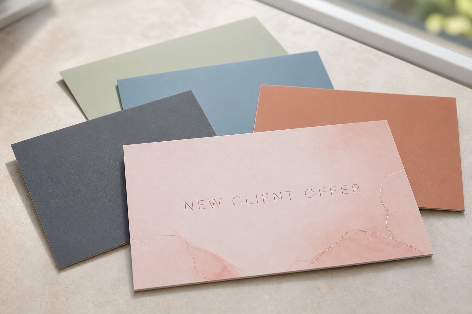 Several rectangular postcards in varying sizes fanned and overlapping on a neutral surface, illustrating the choice between postcard size formats.