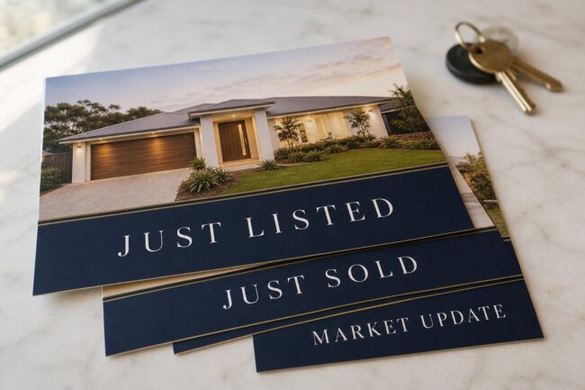 Fanned stack of rectangular real-estate marketing postcards with property-led designs on a neutral surface, used for letterbox campaigns.