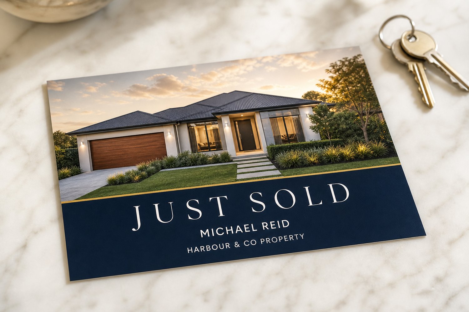 Single real-estate just-sold style marketing postcard with a property design on a neutral surface, used to build social proof in a farming area.