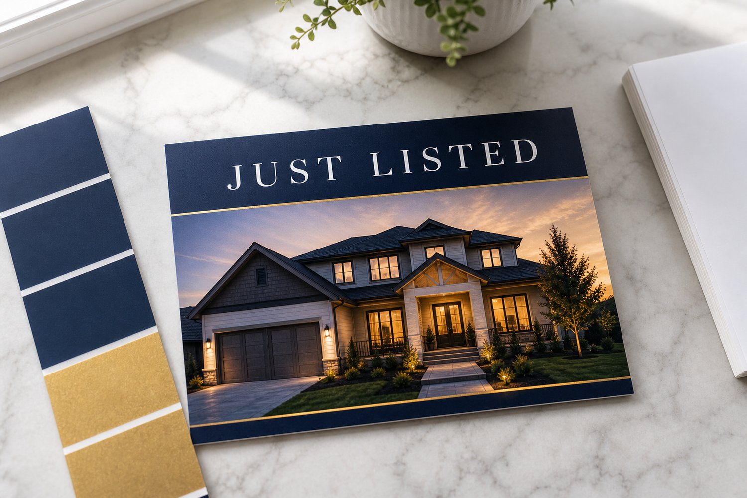 Real-estate marketing postcard beside colour swatches and a notebook on a neutral surface, illustrating the postcard design process.