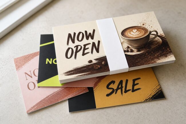 Neat banded bundle of rectangular small-business marketing postcards on a neutral surface, ready for a direct mail campaign.