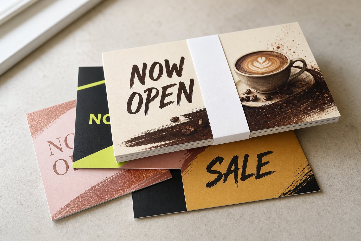 Neat banded bundle of rectangular small-business marketing postcards on a neutral surface, ready for a direct mail campaign.