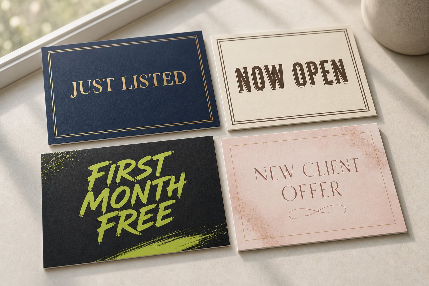 Overhead grid of rectangular marketing postcards in different colours on a neutral surface, illustrating direct mail campaign planning.