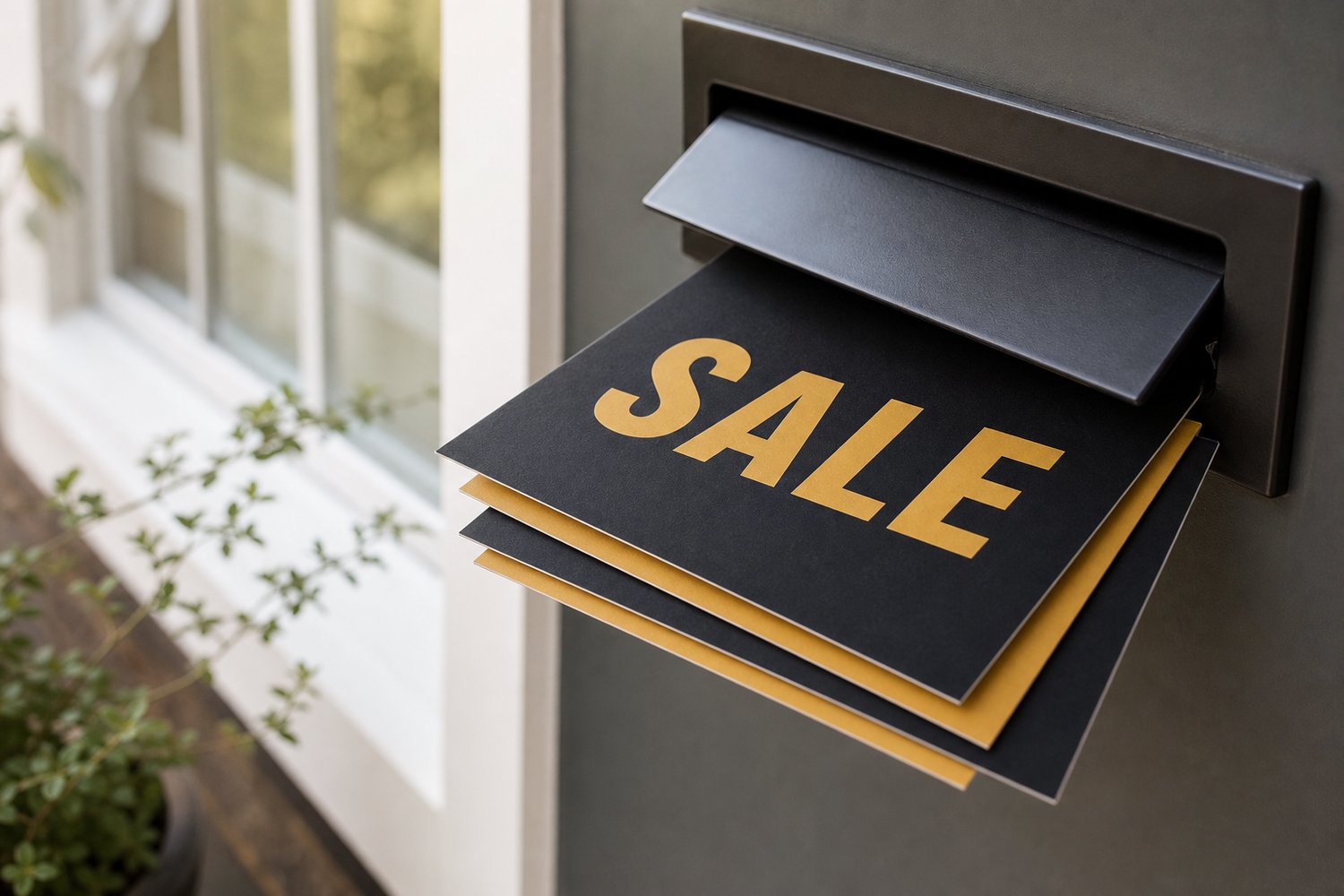 Stack of rectangular marketing postcards resting at a residential letterbox slot, illustrating letterbox-drop distribution for direct mail.