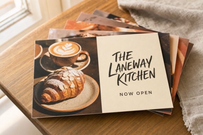 Fan of rectangular restaurant marketing postcards with appetising food-led designs on a neutral surface, used to drive dining foot traffic.