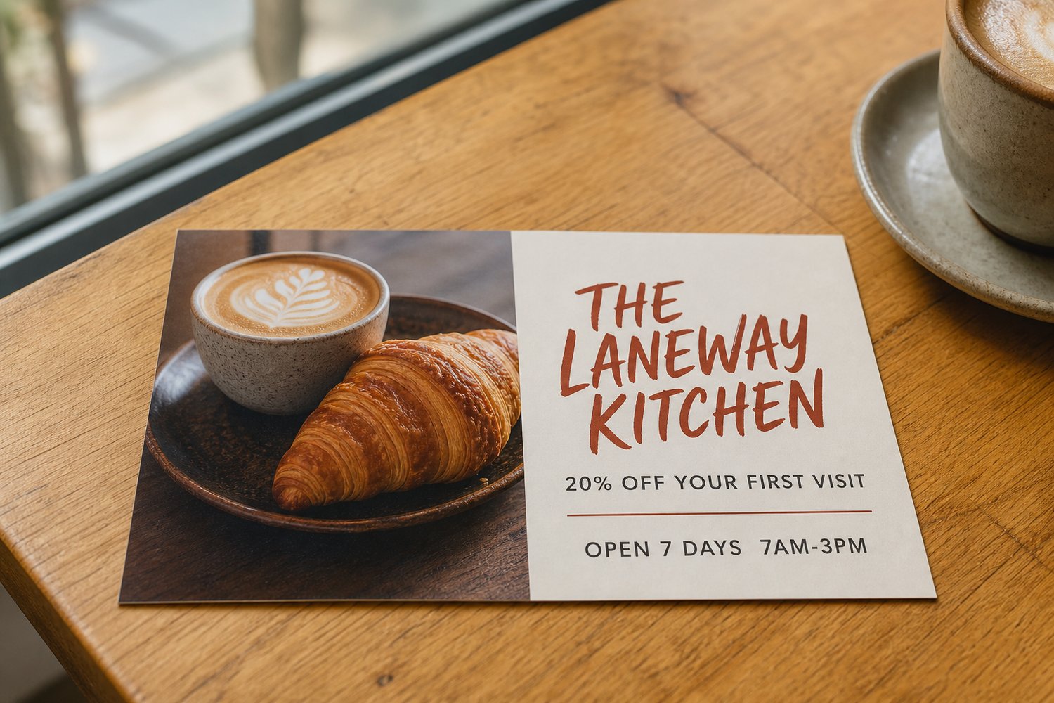 Single cafe promotional postcard with a coffee-themed design beside an out-of-focus coffee cup, used for cafe and coffee shop campaigns.