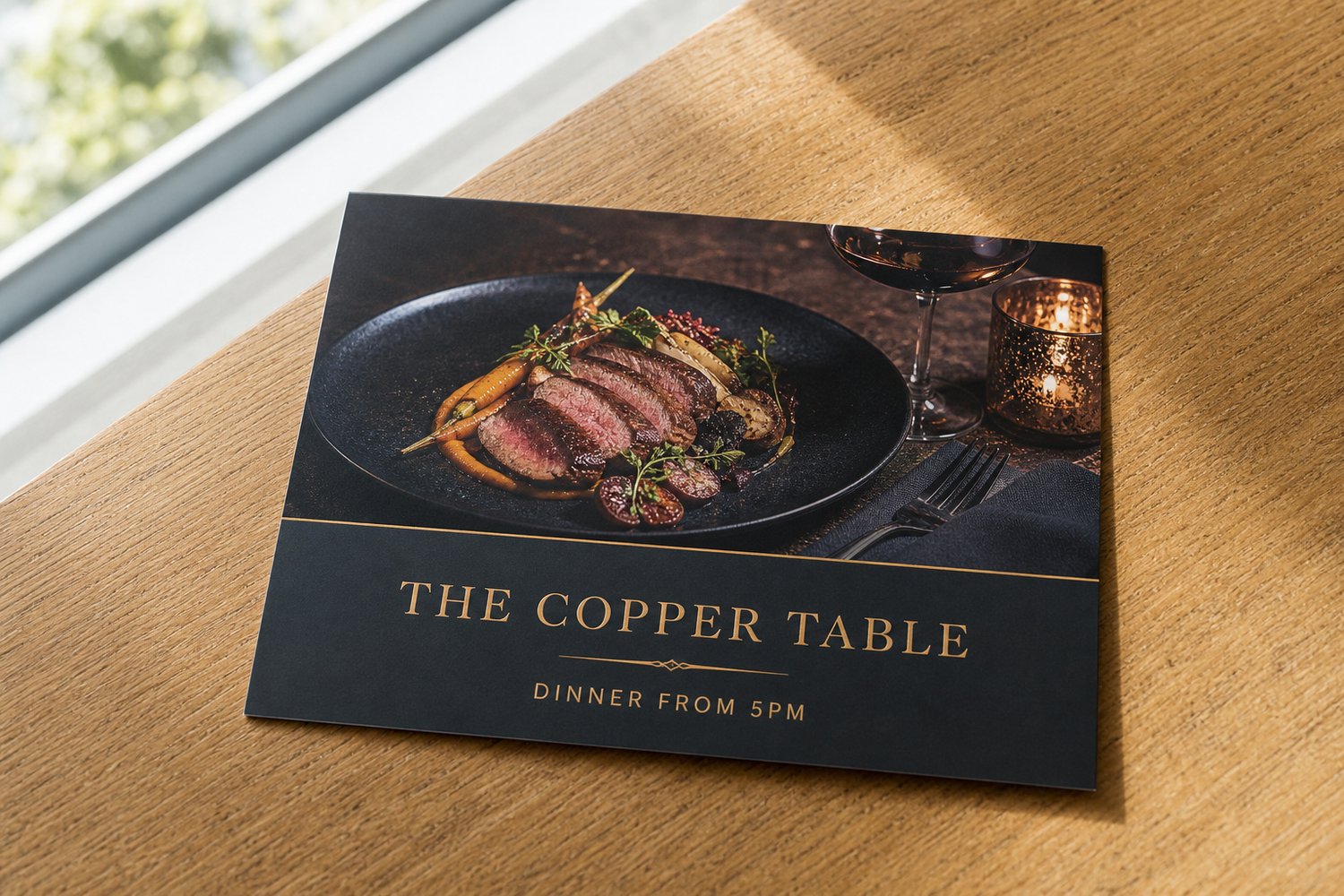 Top-down restaurant marketing postcard with a large food image area and placeholder layout zones, showing what to put on a restaurant postcard.