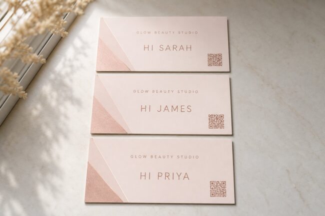 Row of rectangular marketing postcards each with a different abstract code block, illustrating per-recipient variable data personalisation.