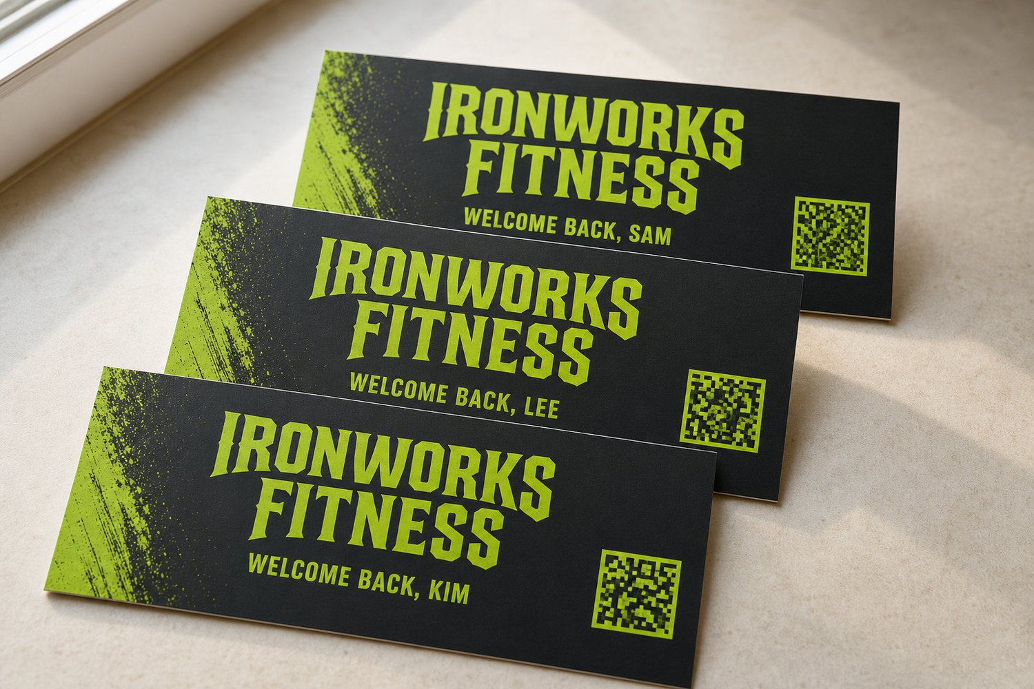 Fan of marketing postcards each with subtly different content and code blocks, showing how variable data printing personalises every card.